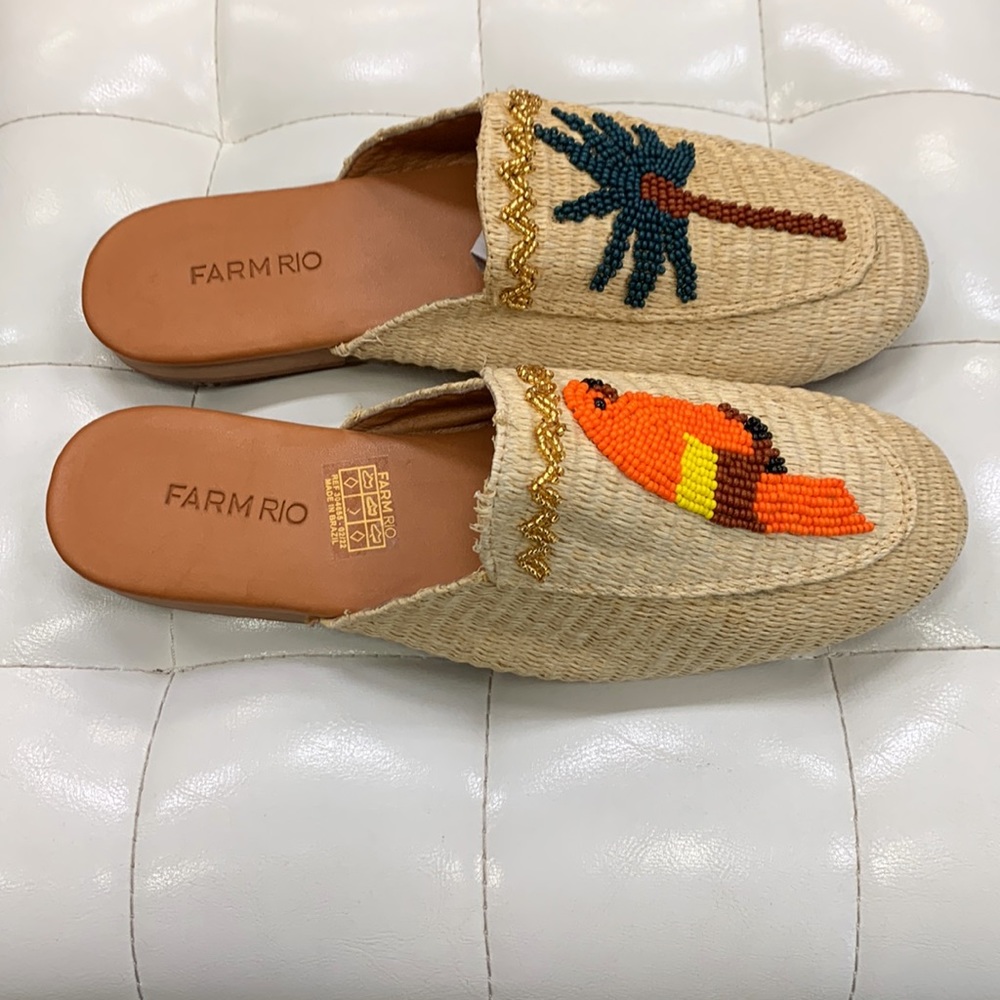 Farm Rio Macaw Palm Tree Beaded Raffia Mules - Picture 5 of 7